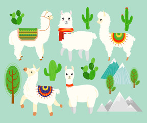 Vector illustration set of Cute funny alpacas and llamas with cactus elements, mountains on blue background. Lovely lamas in cartoon flat style.