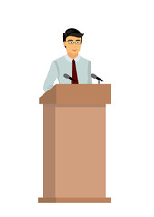 Vector Illustration of businessman orator speaking from tribune, man is giving an interview on public, speaker character in flat style.
