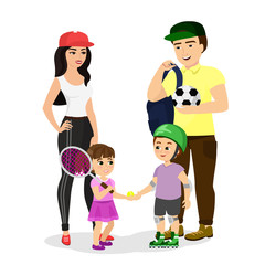 Vector illustration of sport family. Dad, mother, son and daughter in sport clothes lead a healthy lifestyle. Happy parents with children do sports in a flat style.