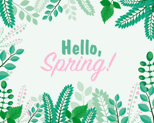 Vector illustration of greeting card. Hello Spring concept. Lettering spring season with leafs for invitation template. Retro, vintage lettering banner.