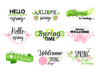 Vector illustration set of Hello spring lettering typography. Calligraphy postcards elements, flowers, leafs, spring concepts.