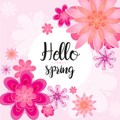 Vector illustration of beautiful greeting card Hello Spring letter decorating with leaf and flower in pink colors.