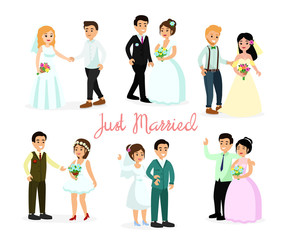 Vector illustration set of happy characters bride and groom isolated on white background in cartoon flat style. Wegging couples, element for wedding invitations.