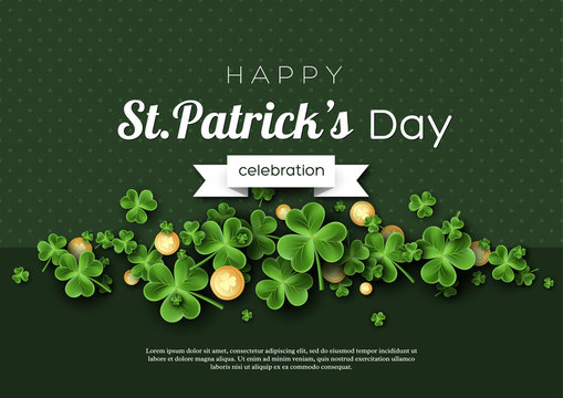 St. Patrick's Day card. Clover leaves with coins on green background for greeting holiday design. Vector illustration.