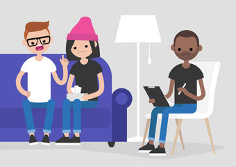 Young arguing couple visiting a psychotherapist. Mental health care. Relationships. Doctor listening and making notes. Psychotherapy. Flat vector illustration, clip art