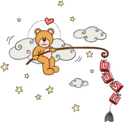 Cute teddy bear fishing for love