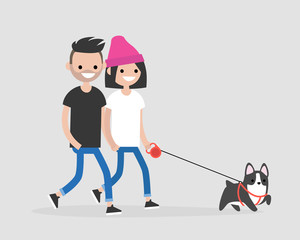 Millennial couple walking a dog. Daily life of pet owners. Flat editable vector illustration, clip art