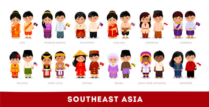 Asians in national clothes. Southeast Asia. Set of cartoon characters in traditional costume. Cute people. Vector flat illustrations.