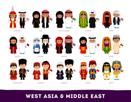 Asians in national clothes. West Asia & Middle East. Set of cartoon characters in traditional costume. Cute people. Vector flat illustrations.