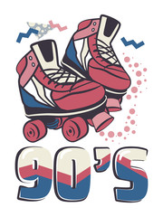 Colorful Illustration with vintage, retro quad roller skates. Vector illustration in trendy 80s 90s Memphis style.