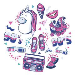 Colorful retro collection fashion patch badges with lips, sneakers, unicorn, ice cream, tape recorder, roller skates. Set of cute stickers, pins, patches, fun icons in 80s 90s memphis style