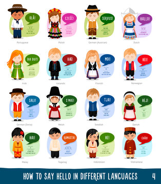 Cartoon characters saying hello in different languages: Portuguese, Polish, German, Dutch, Irish, Icelandic, Finnish, Norwegian, Welsh, Swedish, Danish, Malay, Indonesian, Vietnamese, Tagalog.
