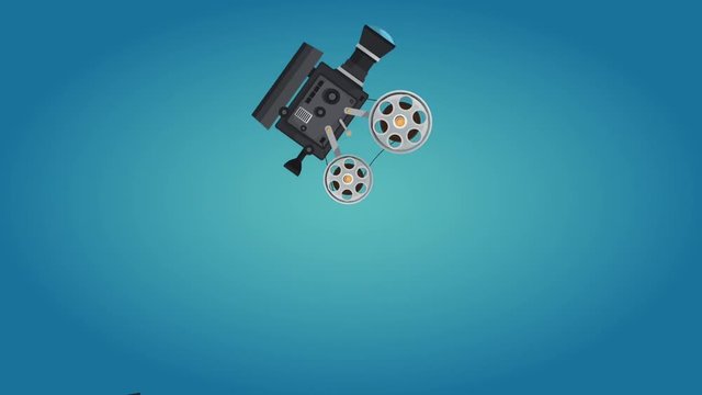 Retro cinema projectors raining over blue background
