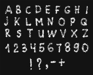 Vector Latin alphabet with numbers. Texture white chalk on a black background