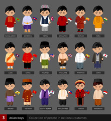 Asian boys in national dress. Set of asian men dressed in national clothes. Collection of people in traditional costume. Vector flat illustration.