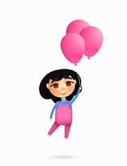 Happy young girl character flying with pink balloons. Vector cartoon style.