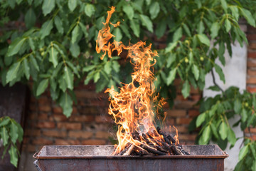 Fire burns on the grill, preparation for frying meat