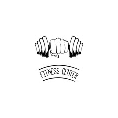 Hand with dumbbell. Fitness center logo label symbol. Vector illustration.