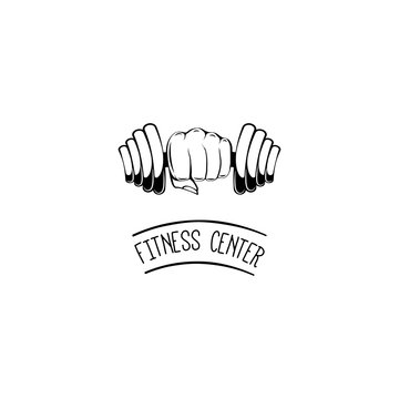 Hand with dumbbell. Fitness center logo label symbol. Vector illustration.