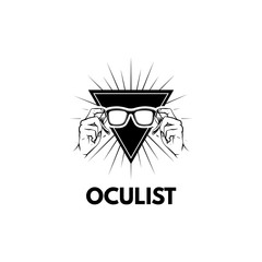 Hands holding glasses. Triangle. Oculist badge label logo. Vector illustration.