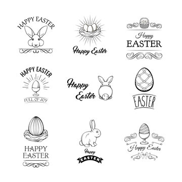 Happy Easter set with cute elements for greeting or invitation card. Vector illustration.