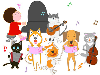 Obraz na płótnie Canvas 猫と犬のコンサート。子供とペットが歌ったり、楽器を演奏したりしている。
