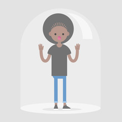 Young female black character trapped under the glass dome calling for help. Flat editable vector illustration, clip art