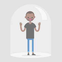 Young black character trapped under the glass dome calling for help. Flat editable vector illustration, clip art