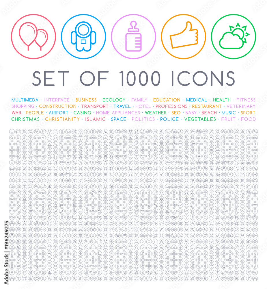 Poster set of 1000 isolated minimal modern simple elegant black stroke icons on circular buttons on white b