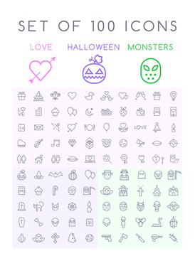 Set of 100 Isolated Minimal Modern Simple Elegant Black Stroke Icons on White Background ( Valentine's Day , Halloween and Scary Elements )