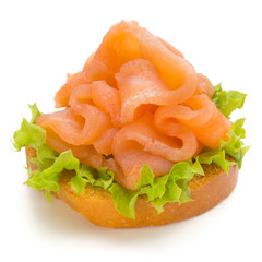 Bread with fresh salmon fillet isolated on white background, top view.