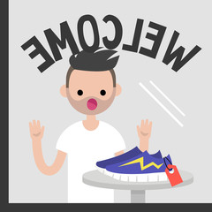 Young male character staring at the pair of sneakers at the glass case. Sale. Fashion.  Shopping. Lifestyle. Flat editable vector illustration, clip art