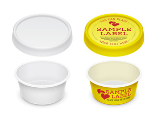 Vector labeled empty open round container for cosmetics cream, butter or margarine spread. Packaging template illustration.