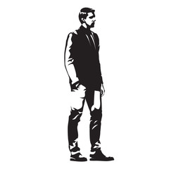 Business man in suit standing, abstract vector isolated illustration, side view