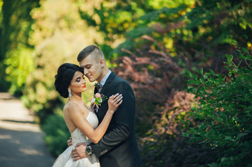 Look from above at beautiful wedding couple kissing in the eveni