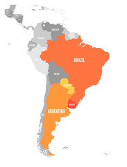 Map of MERCOSUR countires. South american trade association. Orange highlighted member states Brazil, Paraguay, Uruguay and Argetina. Since December 2016.