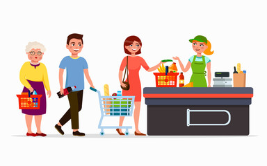 Various flat people at the supermarket buying products at the cashbox with cute cashier. Men and women at mall. Family in shop with baskets and cartoon bags vector flat illustration.