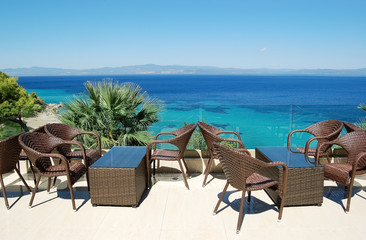 View from the terrace  on the turquoise sea in Greece.