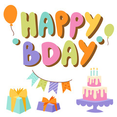 Happy birthday party celebration entertainment confetti present balloon decoration for holiday fun anniversary congratulation vector illustration.
