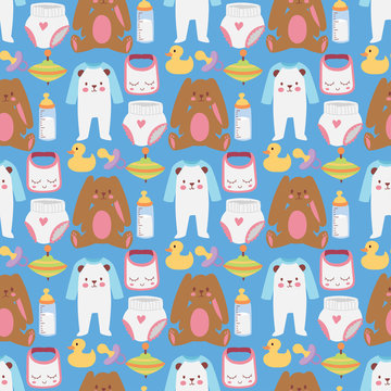 Baby toys icons cartoon family kid toyshop design cute boy and girl childhood art diaper love rattle seamless pattern background vector illustration.