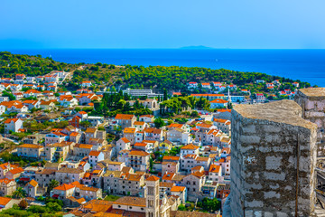 Hvar townscape  aerial landscape. / Aerial view at townscape of Hvar in summertime, croatian travel luxury places.