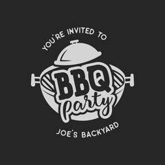 Vintage hand drawn bbq party, barbecue grill badge, label. Retro typography style. Butcher logo design with letterpress effect. Vector illustration isolated on black background.