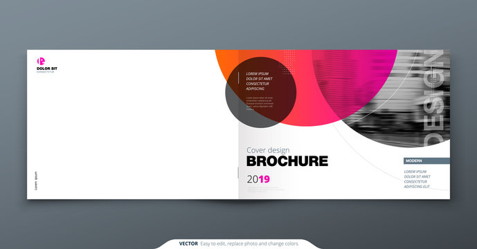 Pink Brochure design. Horizontal cover template for brochure, report, catalog, magazine. Layout with gradient circle shapes and abstract photo background. Swiss style Brochure concept