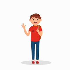 Boy is waving his hand and laughing, cartoon character isolated on white background. Happy boy in casual style vector flat illustration.