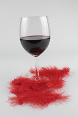 Weinglas mit roten Federn