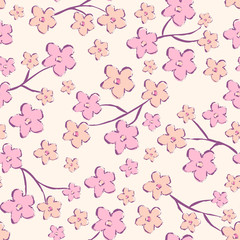 Floral vector seamless pattern with blooming cherry flowers.