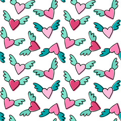 Seamless vector pattern with winged hearts. 