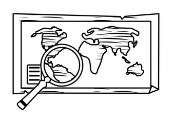 World map with magnifying glass over white background, vector illustration