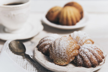 Homemade french madeleines with beurre noisette on white wooden table
