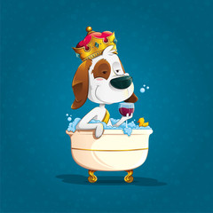 cute elegant dog bathing with crown in an old bathtub with soapy foam holding a glass of wine accompanied by a rubber duck on blue bubble background